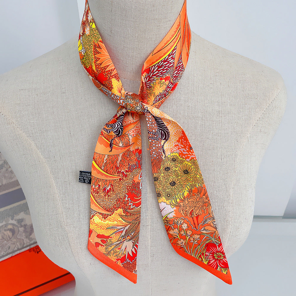European and American Korean Version Plant Jungle Horse Women's Twill Ribbon Long Strip Ribbon Bag Tie Ribbon Hairband Small Scarf Scarf