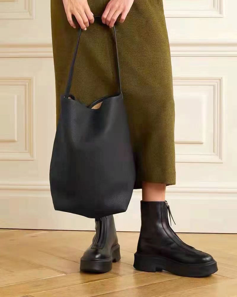 New Large Capacity Genuine Leather Row Bucket Bag Tote Underarm Bag Women's Casual Handheld Single Shoulder Cowhide Bag