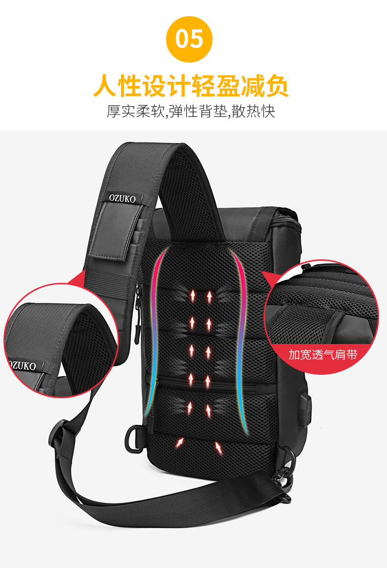 OZUKO Men's Chest Bag Trendy Brand USB Crossbody bag, water-resistant, lightweight, large capacity, single shoulder bag, outdoor chest bag