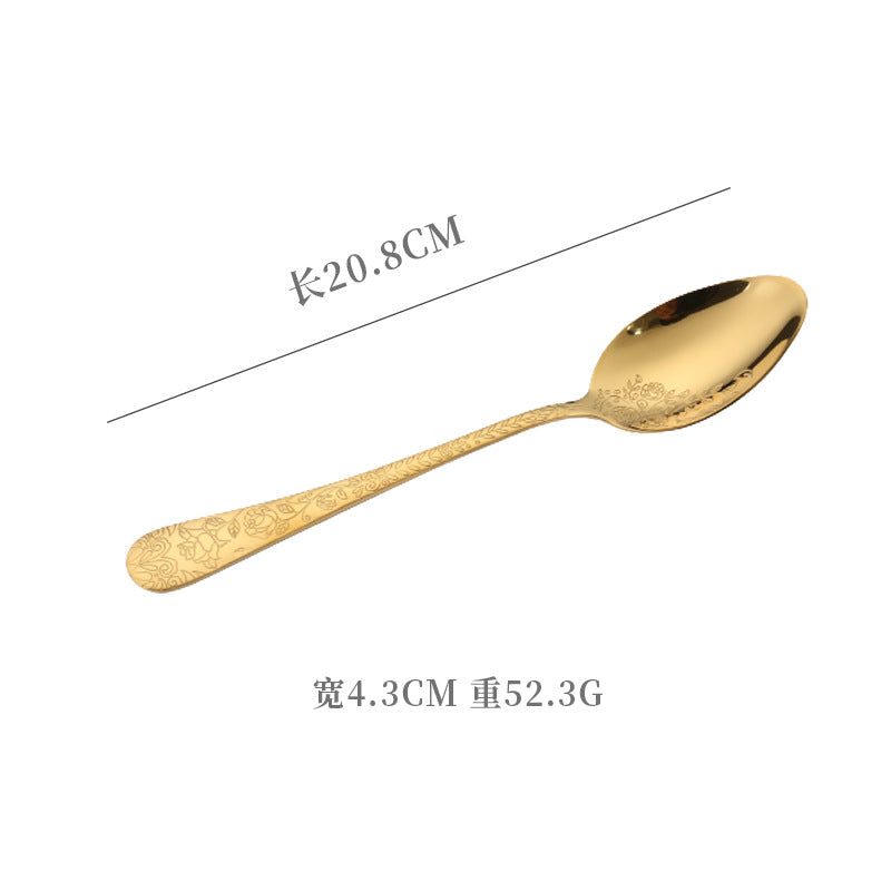 Vintage Pattern National Trend Stainless Steel Cutlery Set Five-Piece Set Western Steak Knife Fork Spoon Dessert Spoon Fork