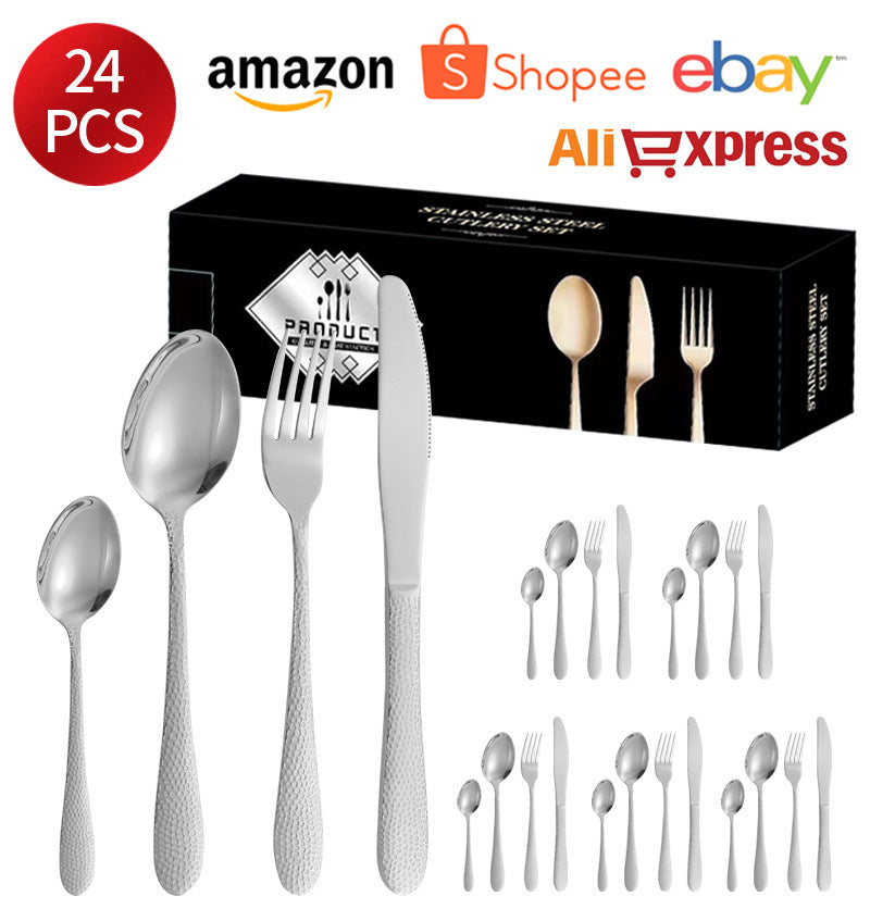 410Stainless Steel Tableware Hotel Restaurant Hammered Knife Fork Spoon24Set of Western Steak Knives and Forks