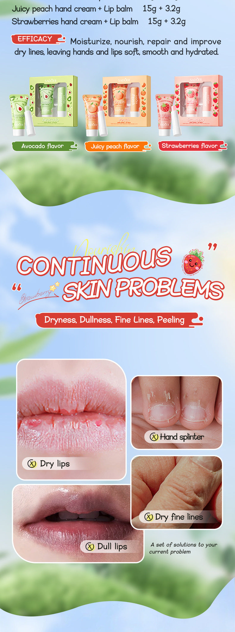 Strawberry Hand Cream Lip Balm Set SADOER Nourishing Autumn and Winter Hand Cream Lip Balm  Wholesale
