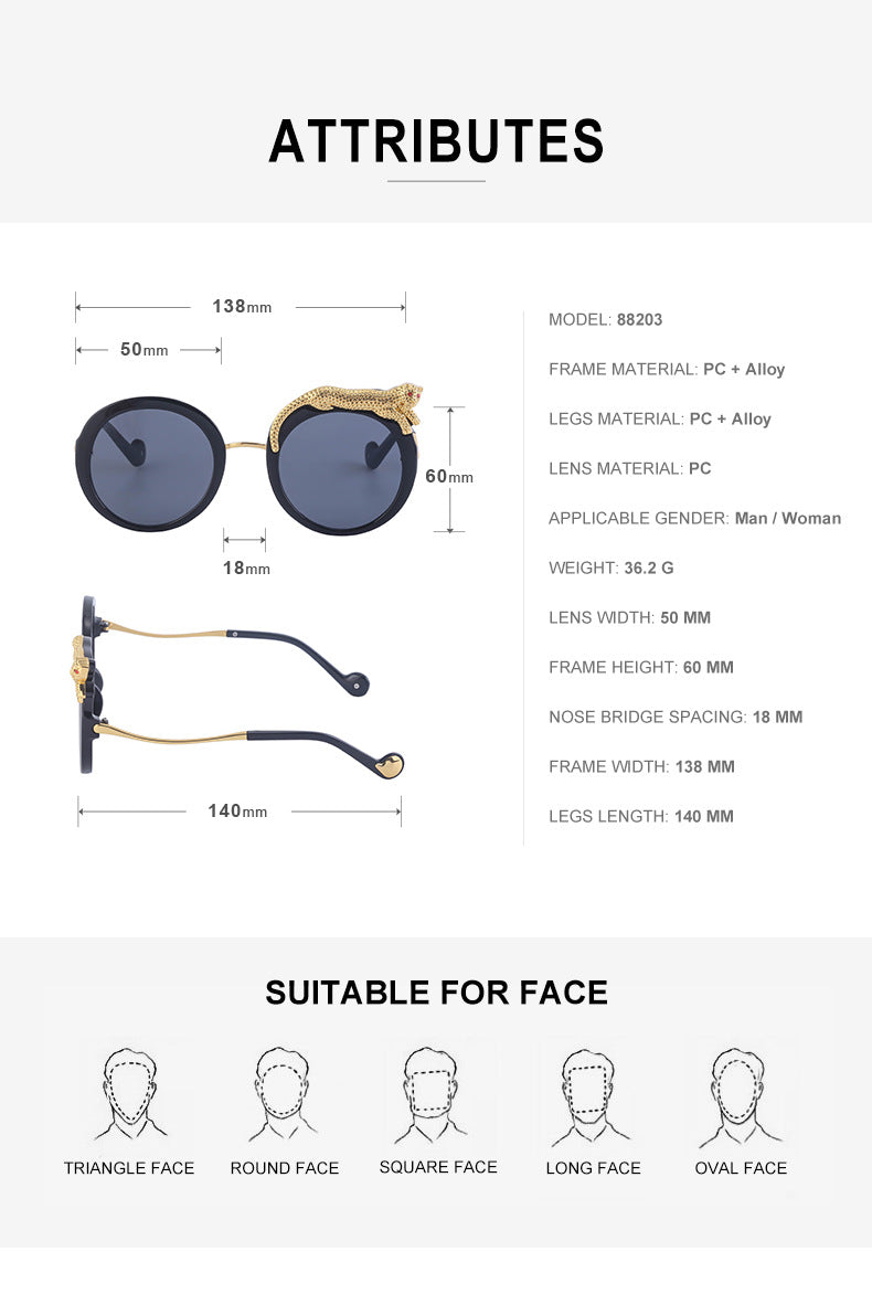 2025New Anti-Blue Light Glasses for Women Leopard Head Diamond-Studded European and American Round Frame Sunglasses Trendy Large Frame Sunglasses High-End Feel