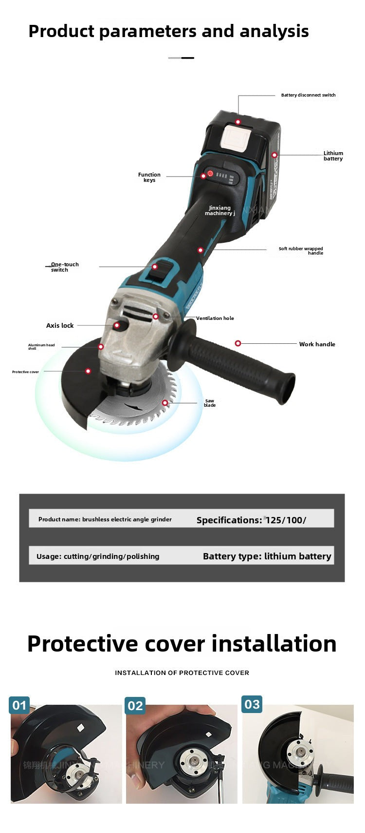 Multifunctional Lithium Battery Brushless Electric Angle Grinder Polisher Cutting Machine Rechargeable Durable Grinding Machine Electric