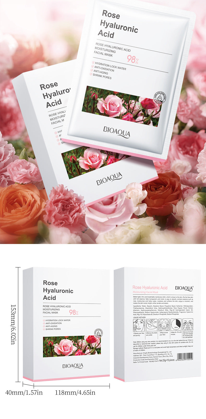 Rose Mask BIOAOUA Hyaluronic Acid Hydrating Moisturizing Softening Boxed Cross-Border Wholesale