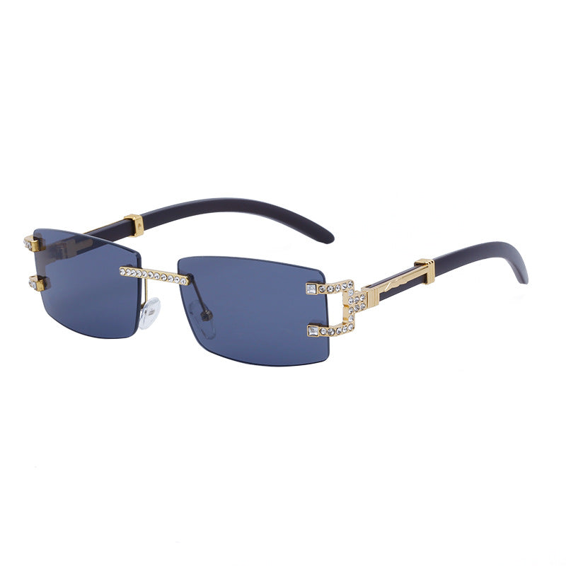 Imitation Wood Grain Leg Retro Sunglasses for Men Fashion Trend Diamond-Studded Rimless Sunglasses Men's Sun Protection Square Frame Glasses Street Style