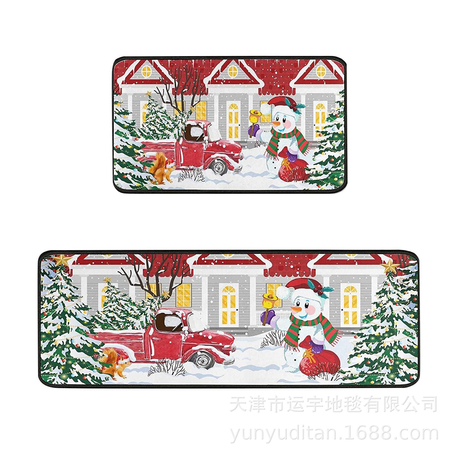 Christmas Kitchen Floor Mat Two-Piece Set Crystal Velvet Water-Absorbent Oil-Absorbent Non-Slip Foot Mat Holiday Decorative Floor Mat