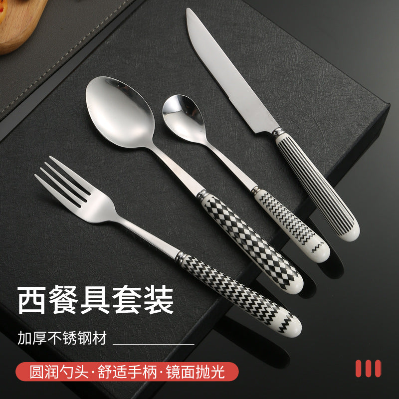 410Stainless Steel Cutlery Restaurant Creative Hepburn Style Ceramic Handle Knife Fork Spoon Tea Spoon Set Western Steak Knife Fork