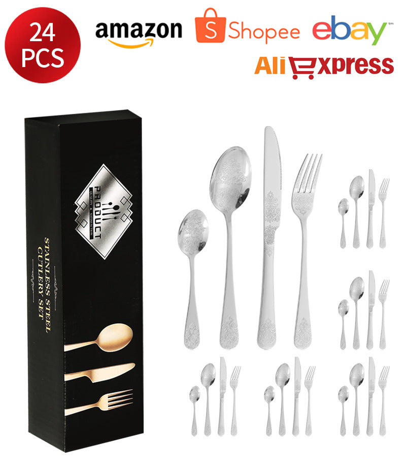 Stainless Steel Cutlery Set1010Double Flower Relief Knife, Fork, and Spoon24Set of Western Steak Knives and Forks