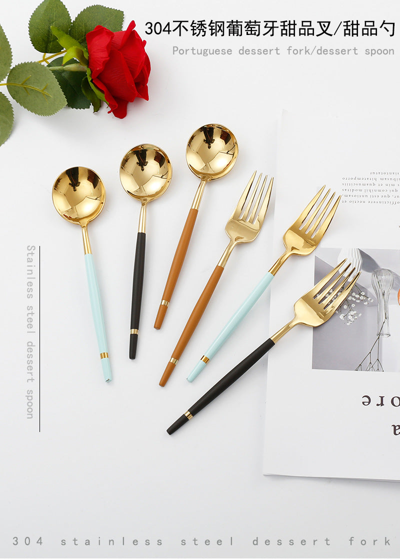 304Stainless Steel Portuguese Tableware Creative Lathe Craft Glossy Mirror Black Gold Round Spoon Dessert Spoon Fork