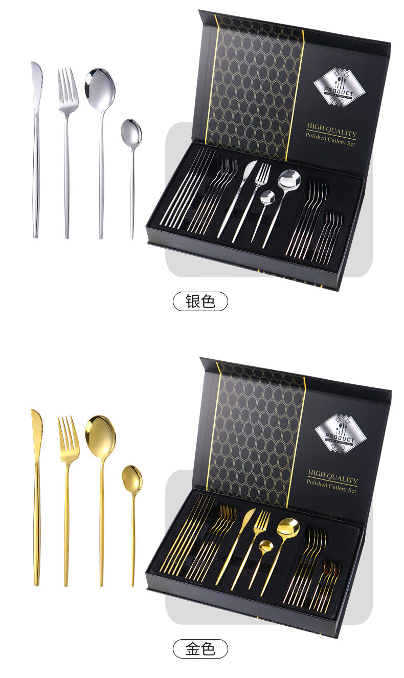 Hot-selling Portuguese Stainless Steel Tableware24Set of Western Dining gold Steak Knife Fork Spoon Gift Box Set