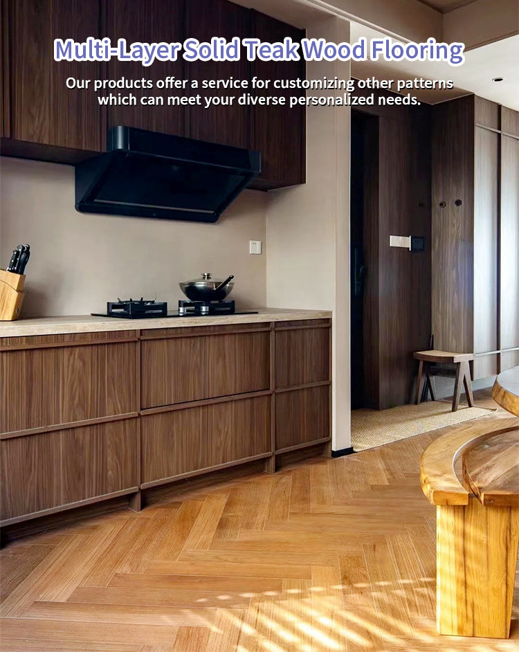 Custom AB-Grade Teak Herringbone Click-Lock Flooring Multilayer Engineered Core for Outdoor Exterior Basement Use-ENF-Certified