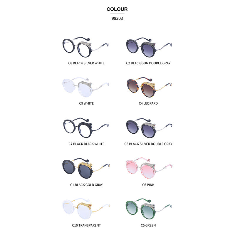 2025New Anti-Blue Light Glasses for Women Leopard Head Diamond-Studded European and American Round Frame Sunglasses Trendy Large Frame Sunglasses High-End Feel