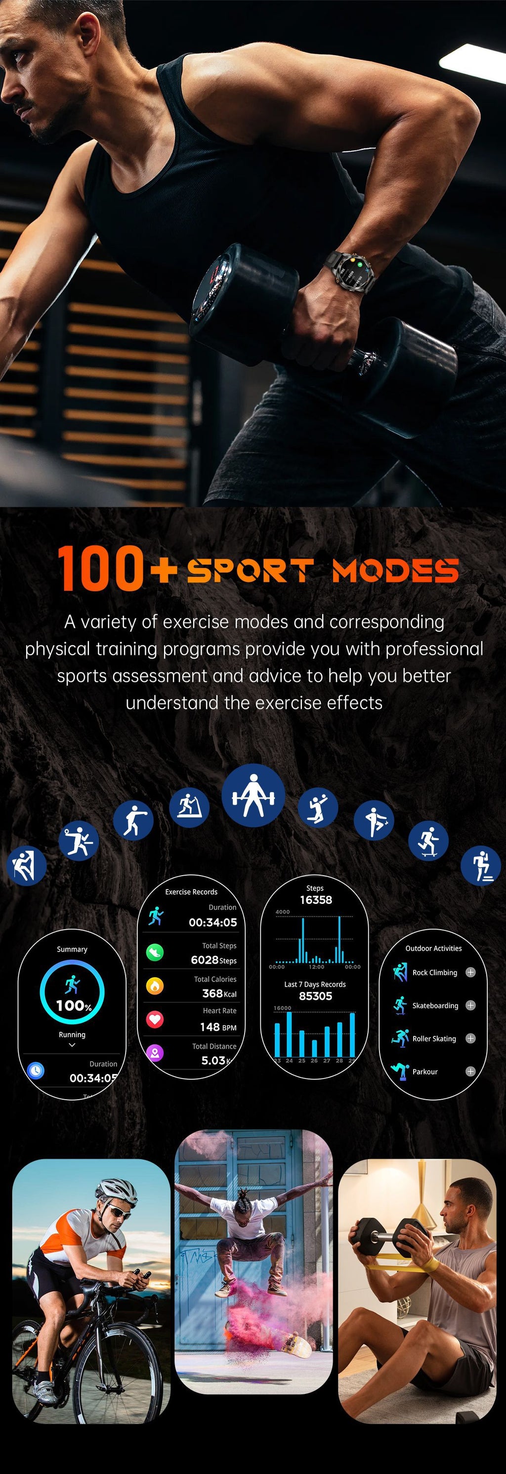 KT80Smart Watch Bluetooth Call True Heart Rate Step Sleep Monitoring IP68Deep Waterproof Flashlight Three-Proof