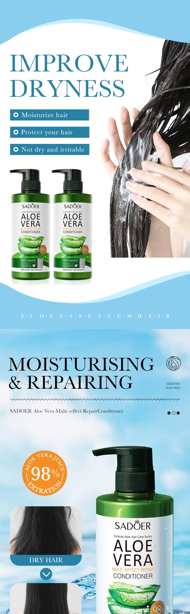 Aloe Vera Shampoo500ml SADOER Hydrating, cleansing, refreshing conditioner  foreign trade wholesale