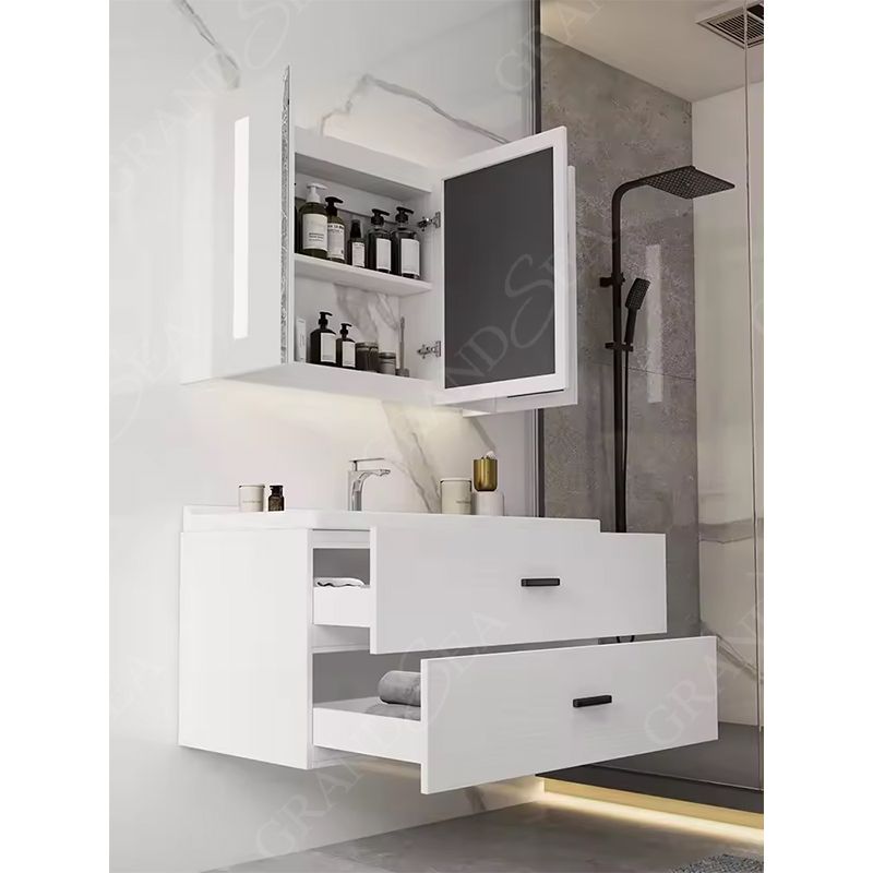 High Glossy White 120cm Width Stock Clearance Bathroom Vanity Wall Mounted Glass Basin With Mirror