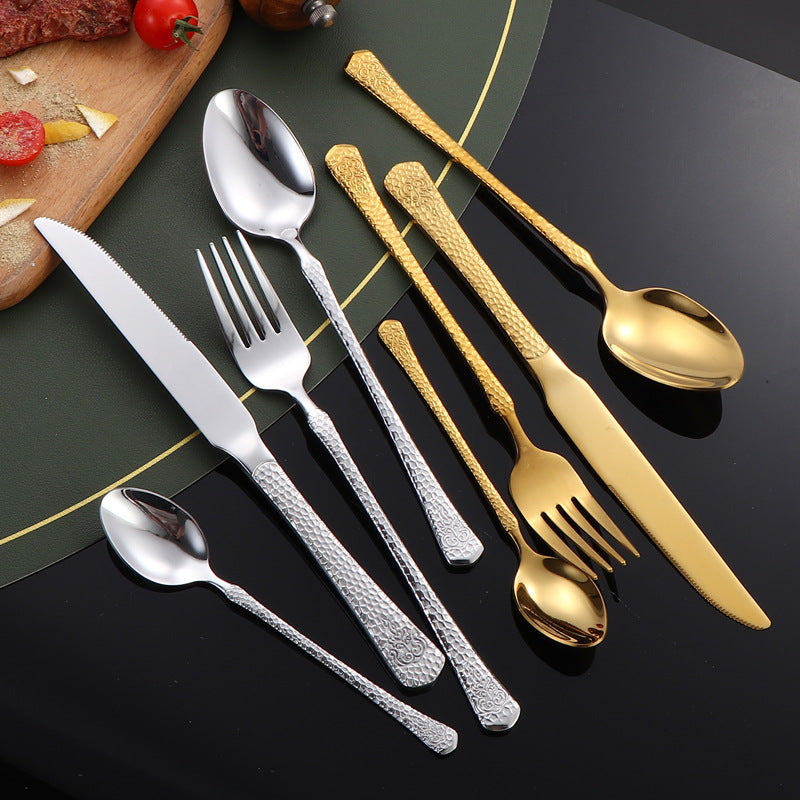 410Stainless Steel Tableware Hotel Restaurant Hammered Knife Fork Spoon24Set of High-End Western Cuisine Embossed Steak Knives and Forks