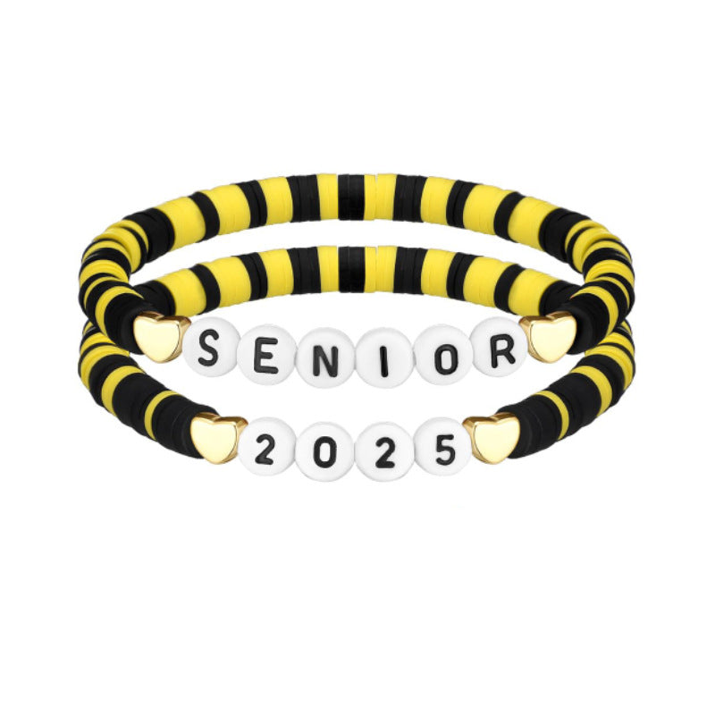 senior Alphabet Colorful Soft Clay Bracelet Heart Elastic Cord Single Loop Bracelet Set Graduation Season Commemorative Bracelet