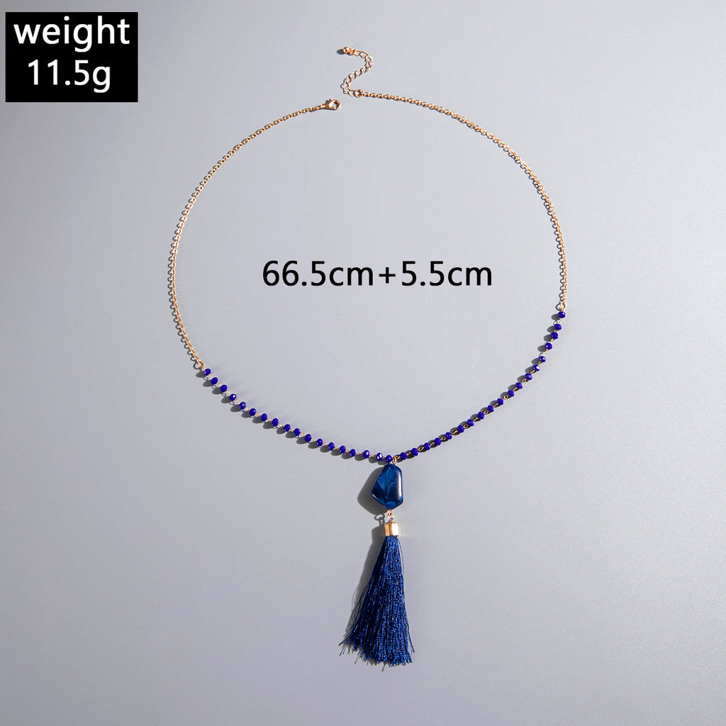 Simple Colorful Beaded Tassel y Chain Necklace Elegant Versatile Diamond-Studded Sweater Chain Jewelry