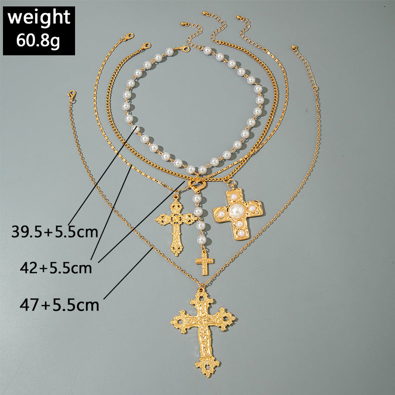 European and American Retro Hollow Diamond Cross Pendant Necklace Gothic Style Black Layered Wear Y Type Necklace