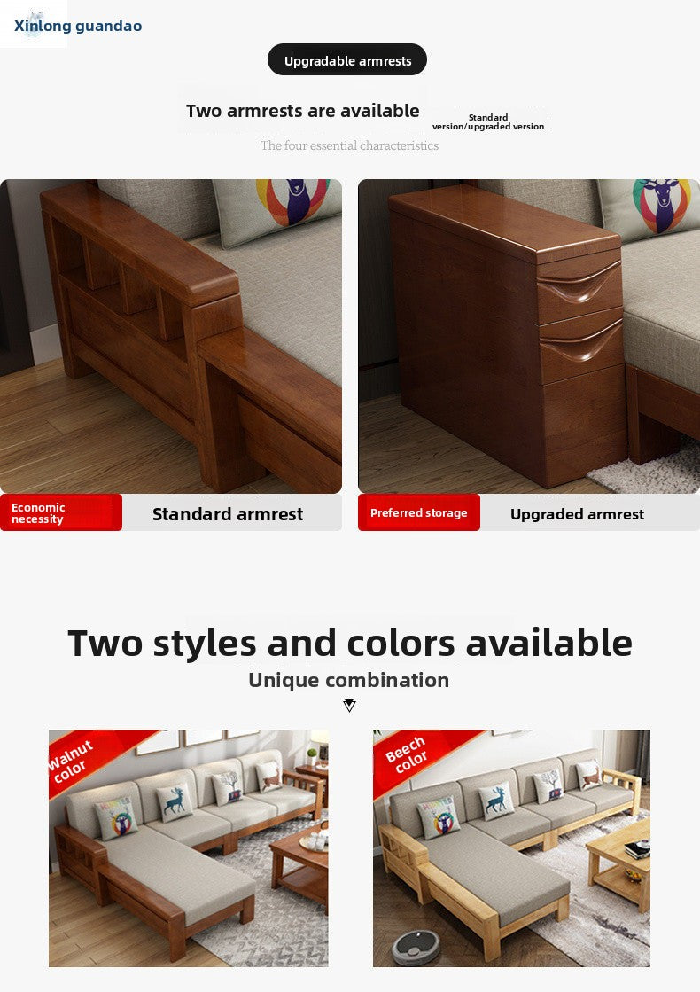 Modern Chinese Style Light Luxury Living Room Solid Wood Sofa Set Small Apartment Three-Seater Rural Wooden Fabric Sofa Bed