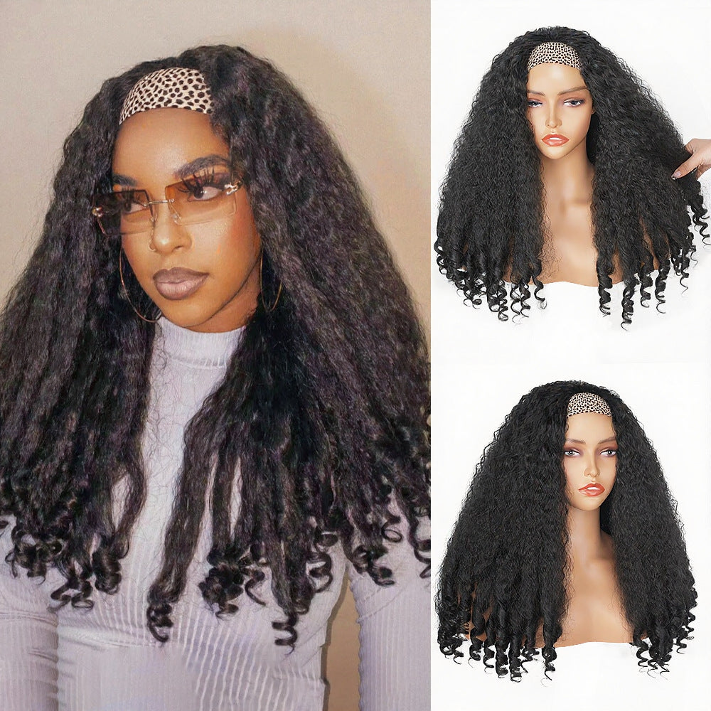YAKI Straight Hair with Curly Ends Synthetic Wig V High-Temperature Fiber Wig with Hollow Top
