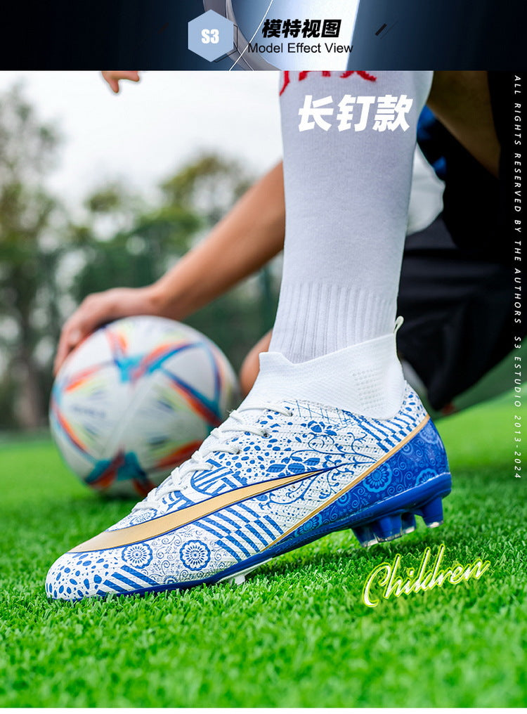 World Cup Same Style Blue and White Porcelain High-top Soccer Shoes for Men and Women, Children and Youth Competition Training Shoes