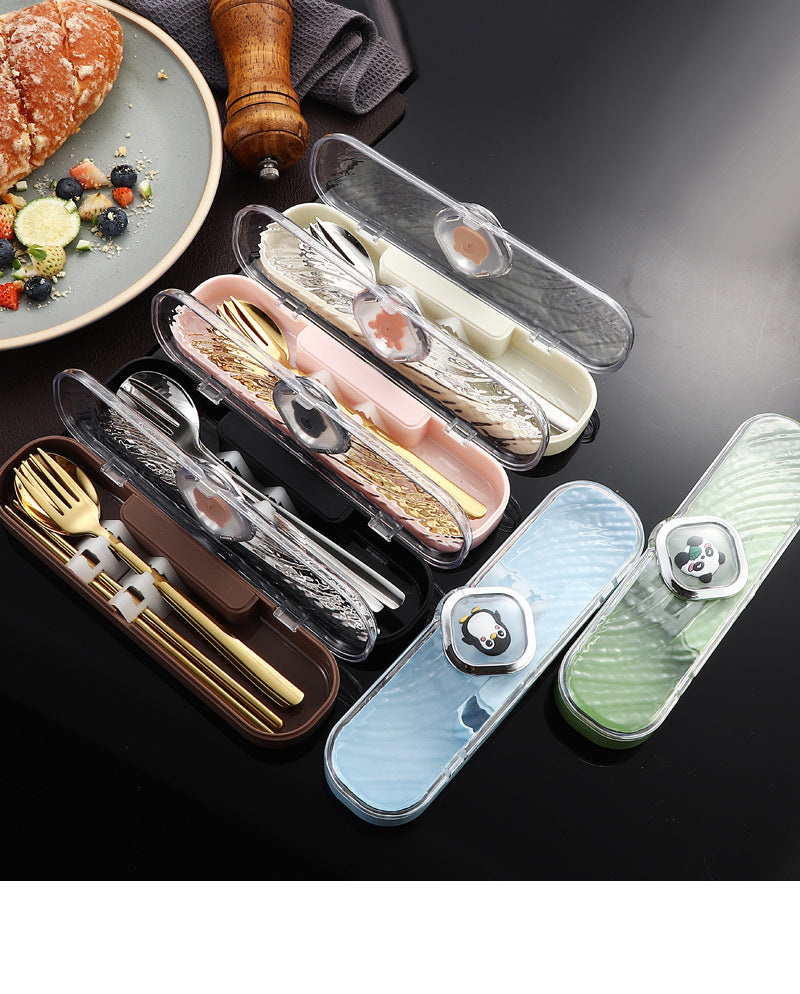 304Stainless Steel Tableware Student Cartoon Portable Tableware Set Work Outdoor Fork Spoon Chopsticks Three-piece Set