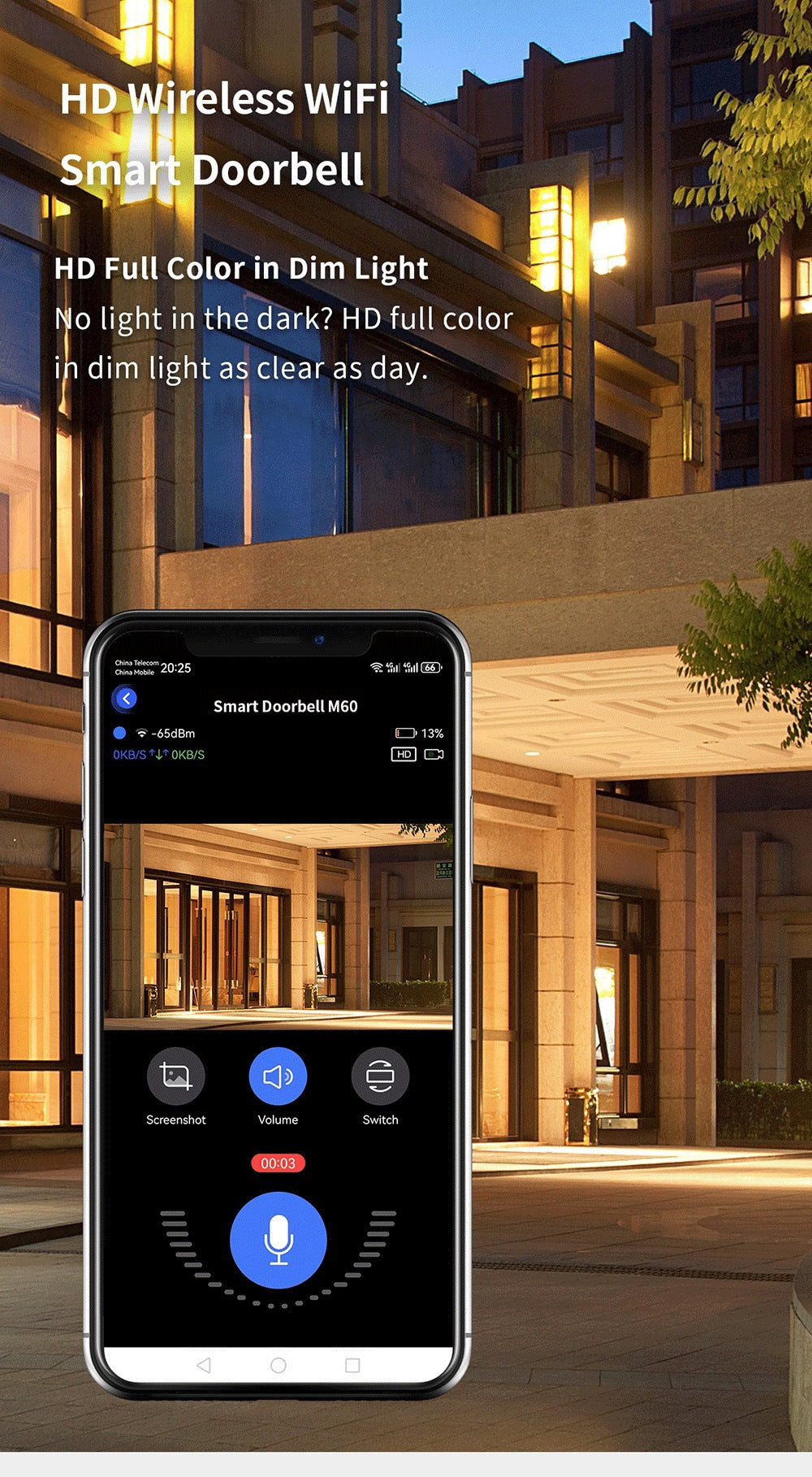 Intelligence Z70Doorbell for Home Use Low Power Consumption Wireless wifi Video Doorbell HD Night Vision Surveillance Doorbell with Ding Dong