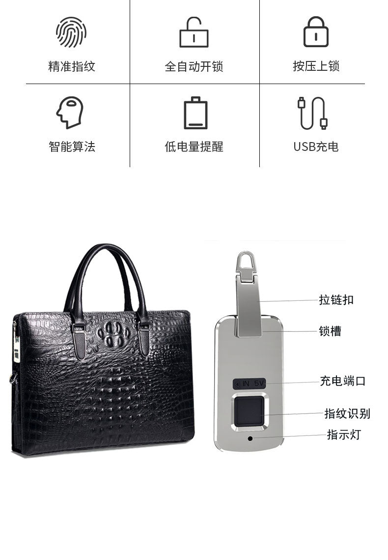Fingerprint Unlock Bag Genuine Leather Business Commuting Large Capacity Men's Cowhide High-end Handheld Briefcase Anti-theft