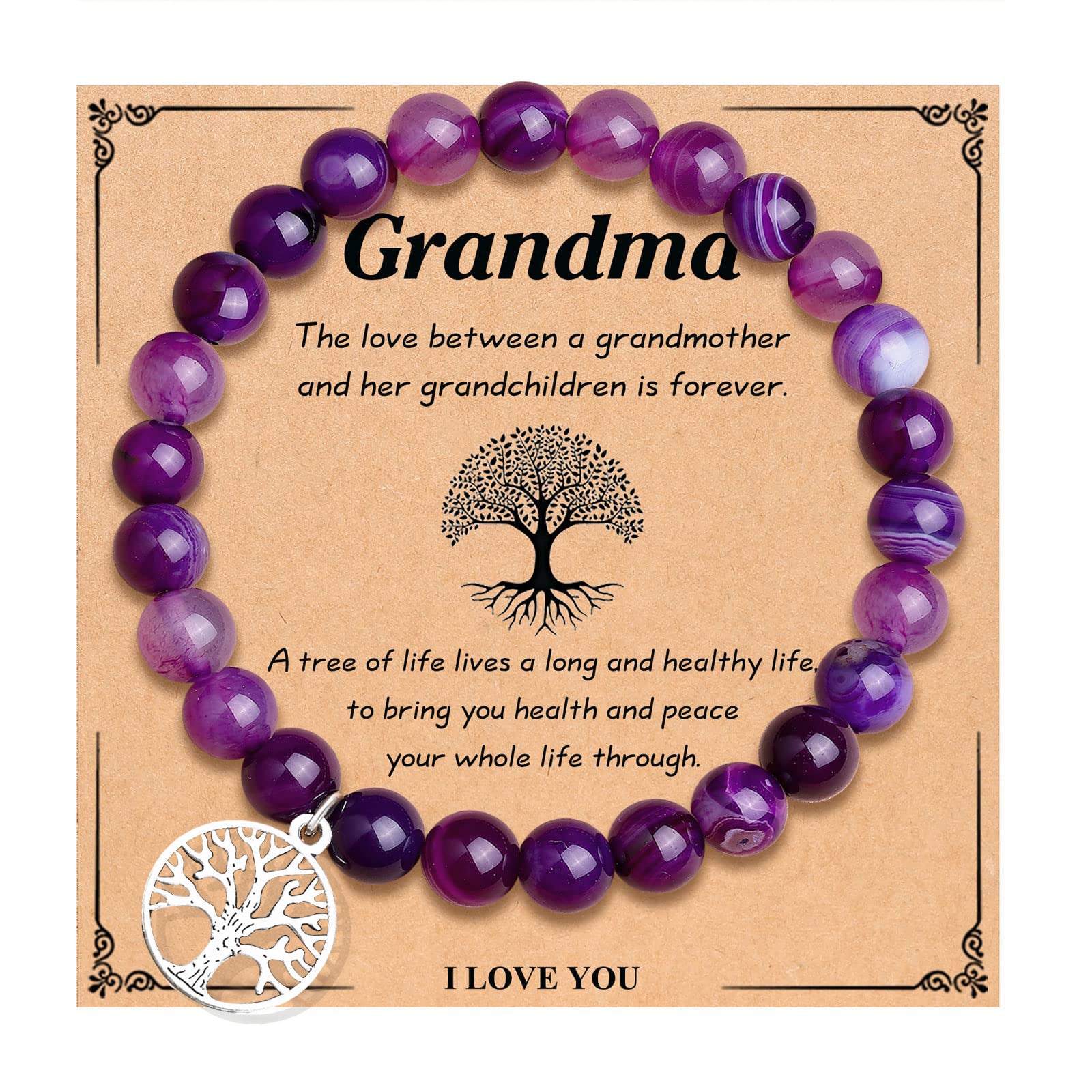 Lucky Tree Pendant Bracelet Natural Stone8mm Beaded Tree of Life Card Women's Lapis Lazuli Purple Agate Bracelet