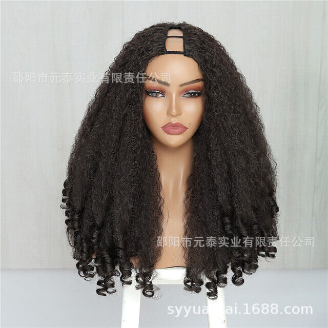 YAKI Straight Hair with Curly Ends Synthetic Wig V High-Temperature Fiber Wig with Hollow Top