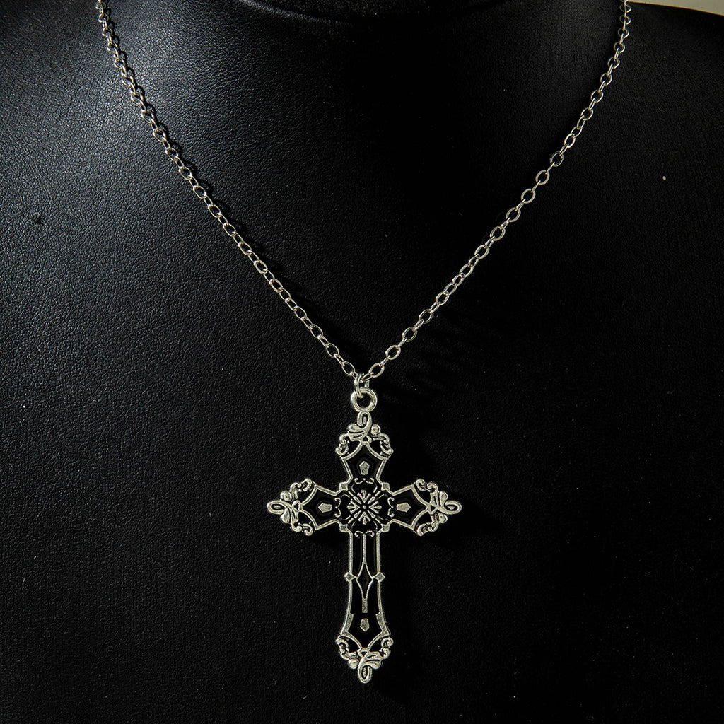 European and American Retro Hollow Diamond Cross Pendant Necklace Gothic Style Black Layered Wear Y Type Necklace