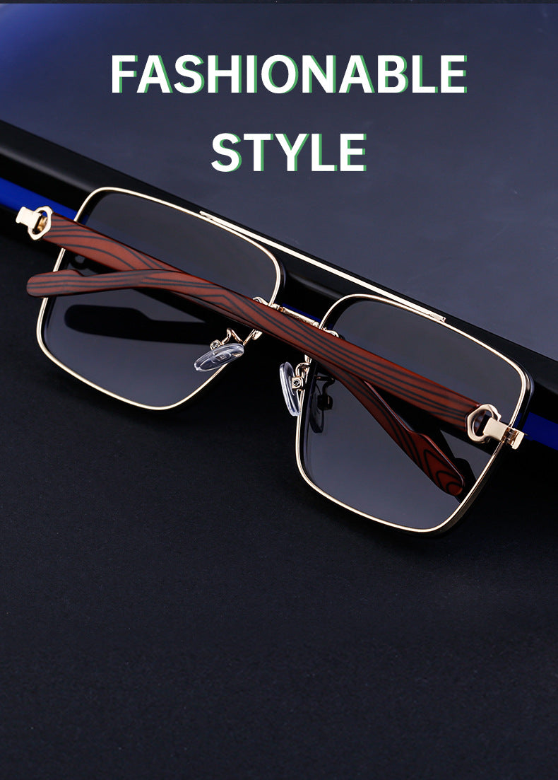 European and American Style Square Frame Cut Edge Sunglasses for Men with Imitation Wood Grain Temples, Men's Trendy Wholesale sunglass