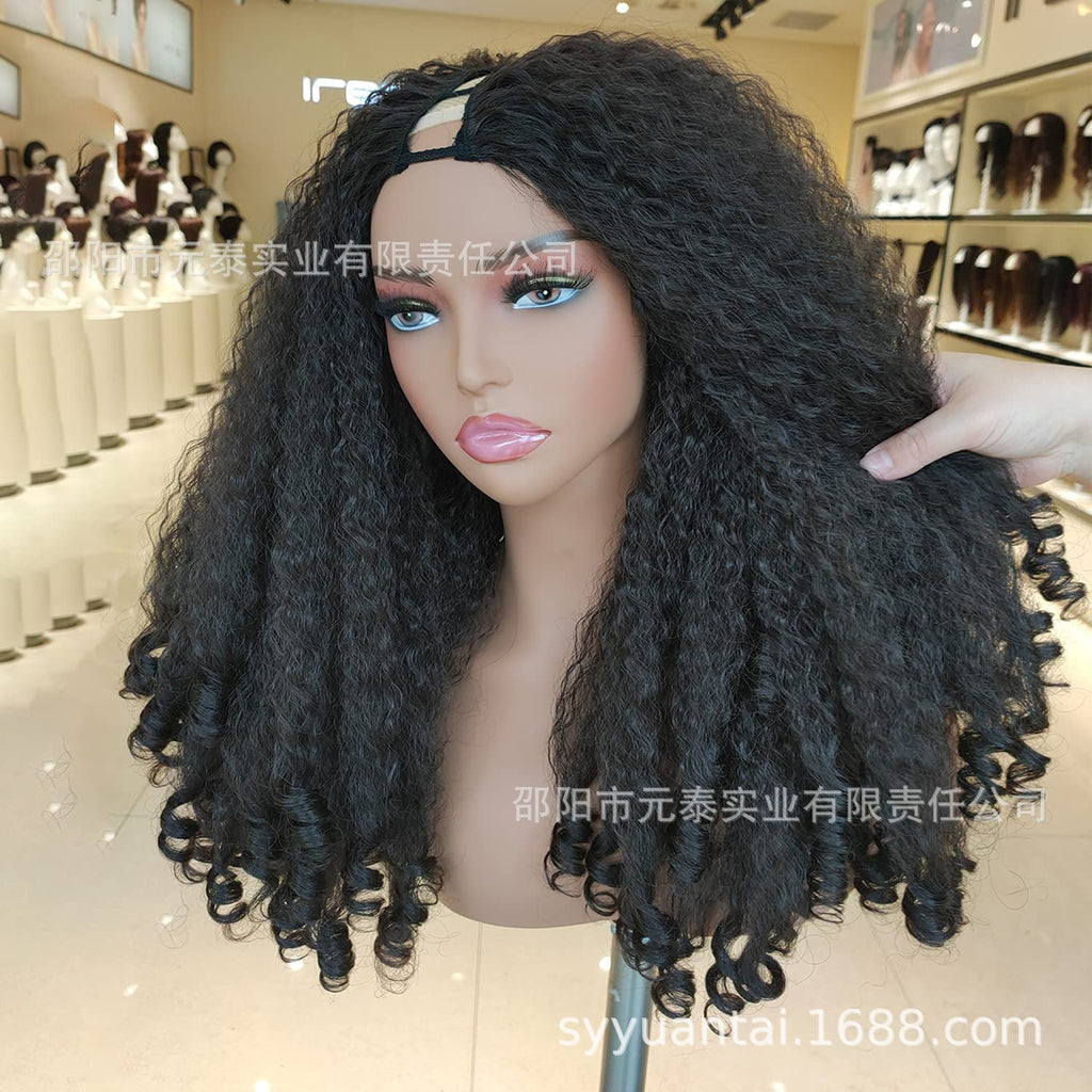 YAKI Straight Hair with Curly Ends Synthetic Wig V High-Temperature Fiber Wig with Hollow Top
