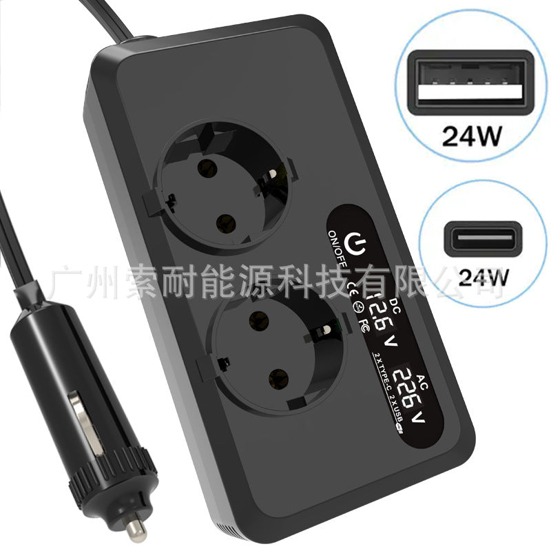 European Standard Socket Car Inverter200W Export12V Turn230V with Digital Display Double USB Double Type-C