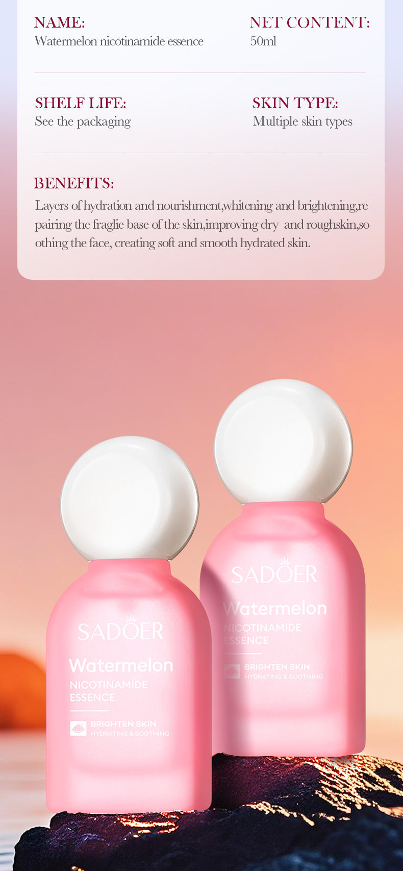 Watermelon Niacinamide Skin Rejuvenation Serum SADOER Moisturizing and Nourishing Essence Liquid Cross-Border Wholesale