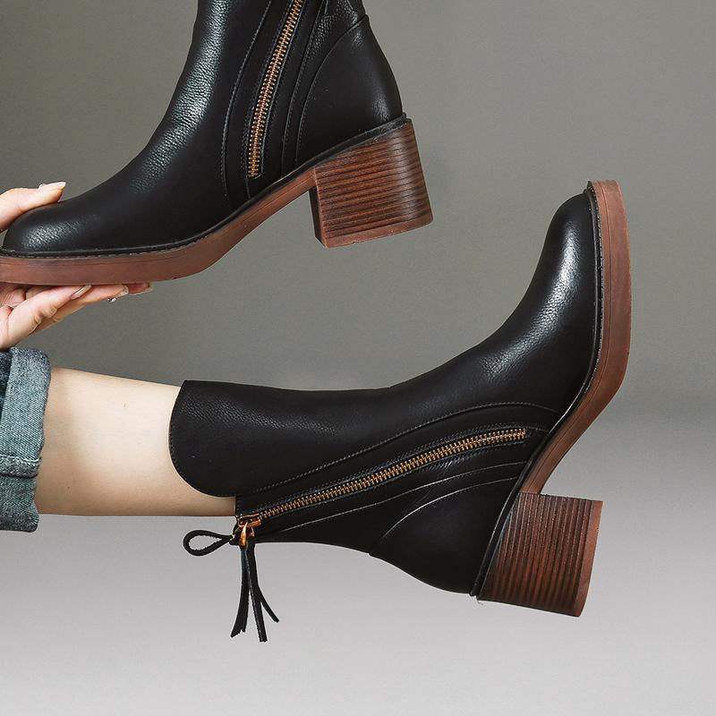 Spring and Autumn Thin Boots Thick Sole Round Toe Double Zipper Martin Boots Women's Thick Heel Platform Sole Versatile Retro Short Boots