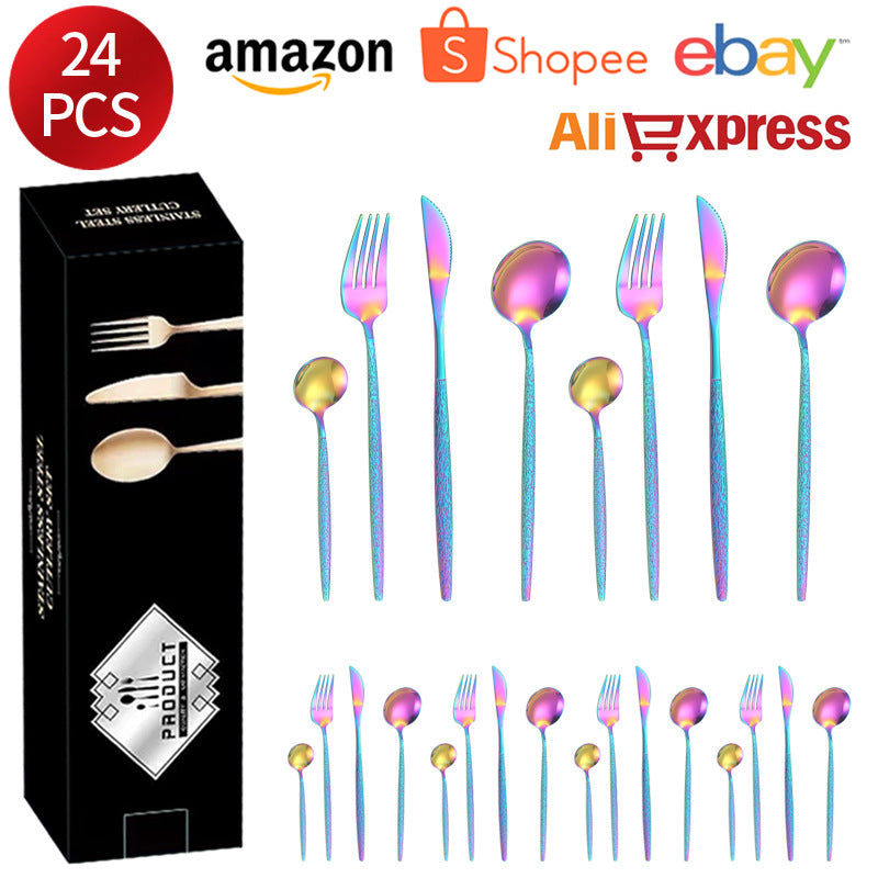 Stainless Steel Cutlery Western Knife Fork Spoon Restaurant Steak Knife Fork Hammer Pattern Portugal24Set
