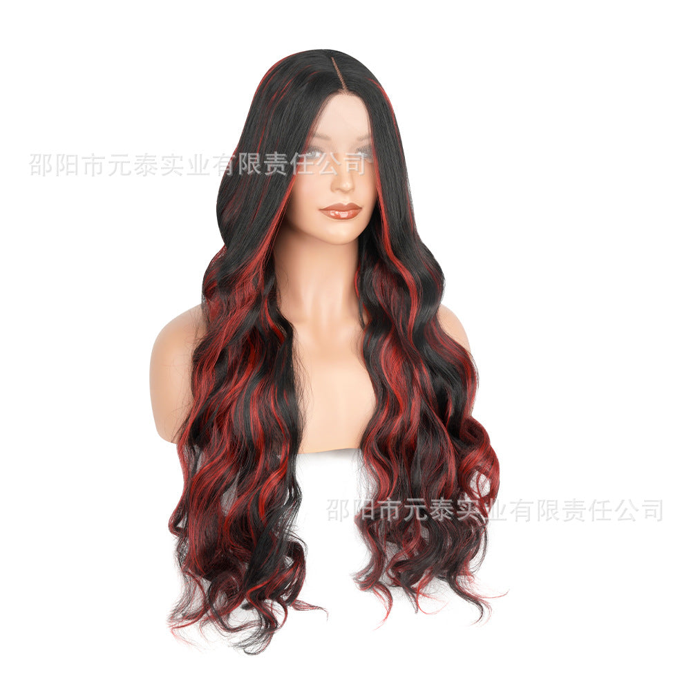 Wig for Women, Front Lace, Wavy Long Curly Hair, Red and Black Gradient Color, High-Temperature Fiber, Synthetic Hair Wig, European and American Cross-Border