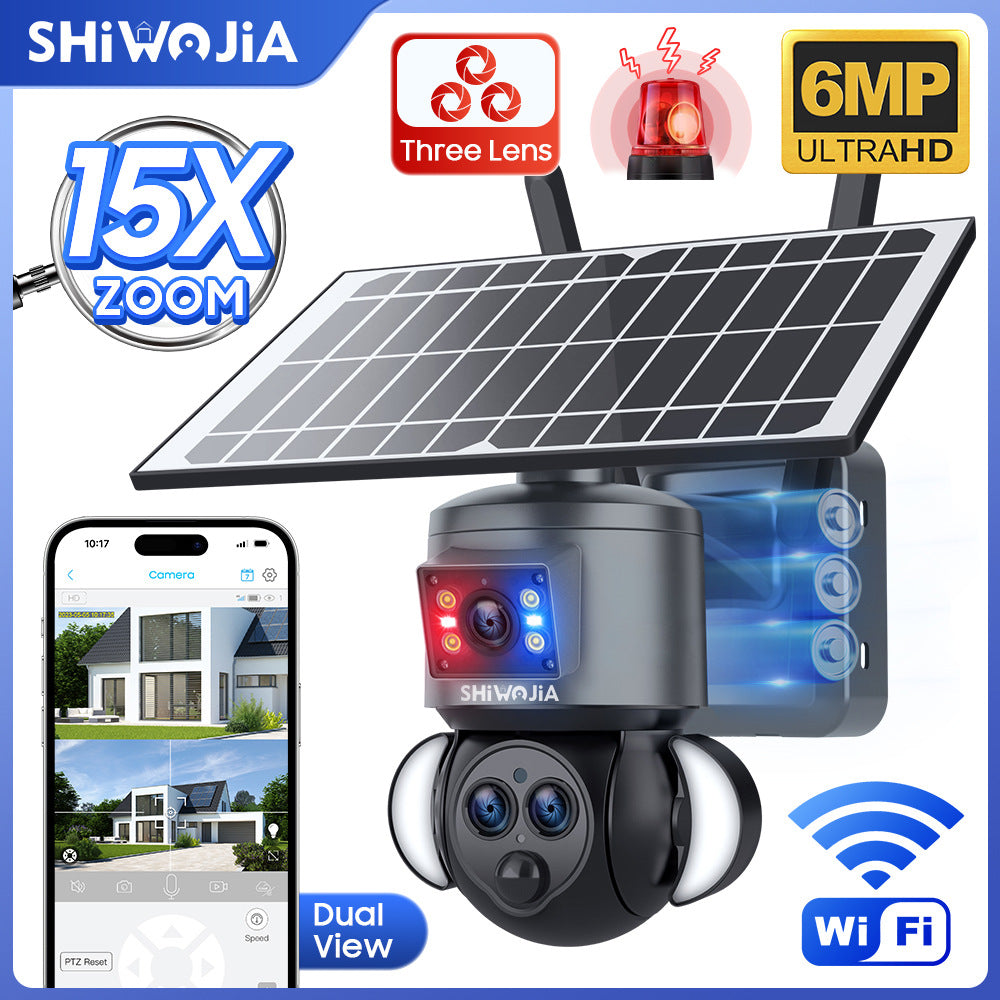 Courtyard Corridor Three Eyes15Zoom4G Wireless Solar Camera6MP High Definition Full Color Night Vision Camera