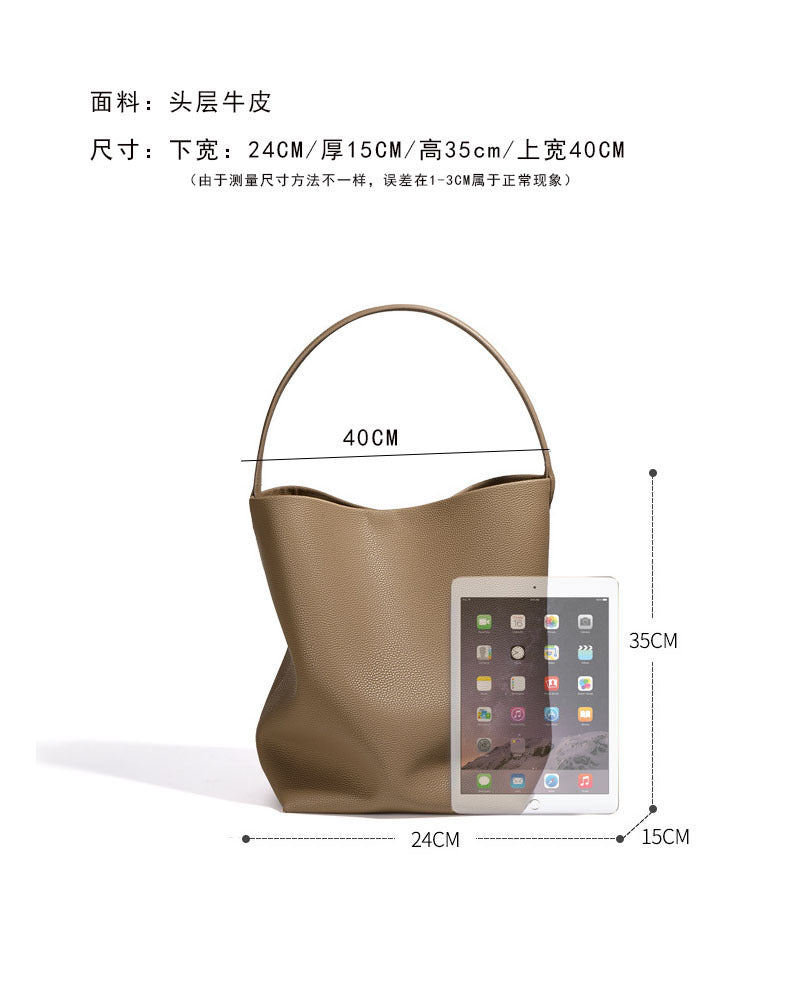 New Large Capacity Genuine Leather Row Bucket Bag Tote Underarm Bag Women's Casual Handheld Single Shoulder Cowhide Bag