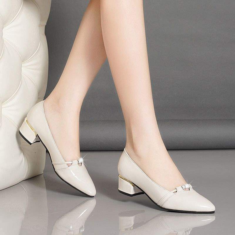 Women's Chunky Heel Single Shoes2025Spring and Autumn New Patent Leather Women's Pointed Toe Shoes, Shallow Mouth Leather Shoes for Moms, Versatile