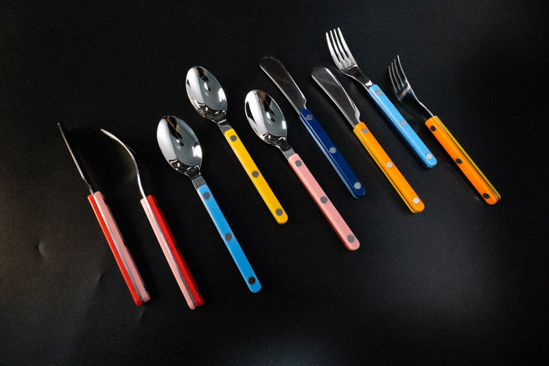 304Mirror Finish Western Tableware Set Color Block Two-Tone Handle Butter Knife Fork Spoon Clip Handle Steak Dessert Spoon Fork