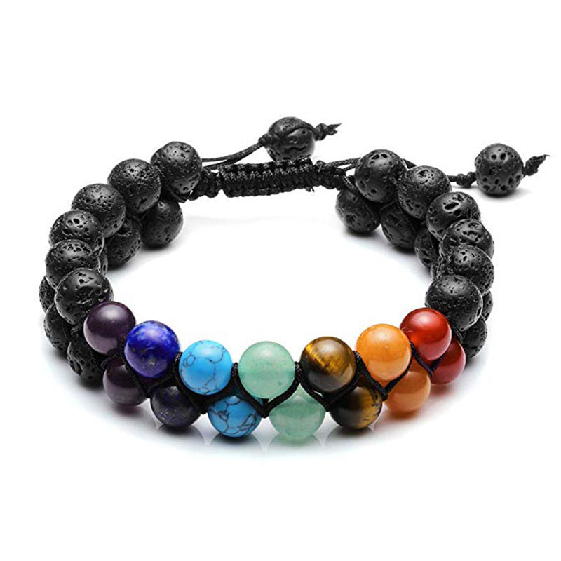 Men's Natural Stone Double Row Bracelet Woven Adjustable Bracelet Couple Colorful Volcanic Stone Woven Bracelet