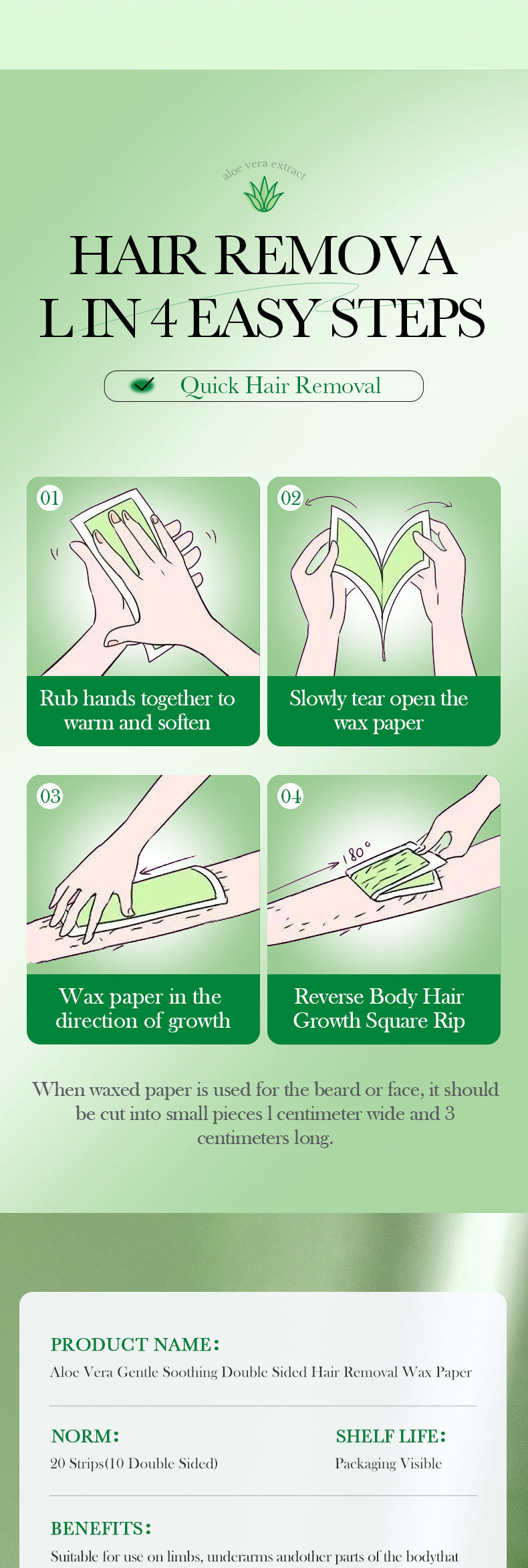 Aloe Vera Double-Sided Hair Removal Wax Paper SADOER Armpit Hair Leg Hair Body Hair Removal Hair Removal Cream  Wholesale