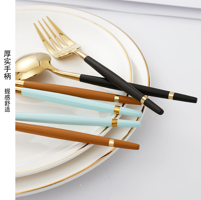 304Stainless Steel Portuguese Tableware Creative Lathe Craft Glossy Mirror Black Gold Round Spoon Dessert Spoon Fork