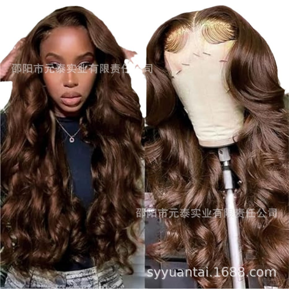 13x4x1Foreign Trade Hot-Selling Wig for European and American Women, Front Lace Wig, Synthetic Chocolate Color, Big Curly Rilley Style
