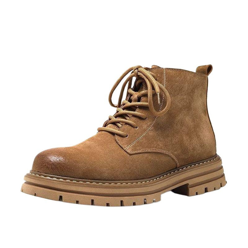 New High-top Men's Leather Shoes Single Lining Fleece Martin Boots Retro Classic Trendy Workwear Casual Yellow Boots