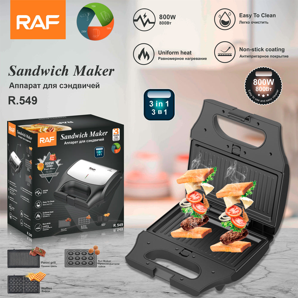 RAF European Standard Sandwich Maker Household Multifunctional 3-in-1 Waffle Maker Breakfast Machine Portable Baking